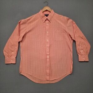 Lands End Men's Orange Check Long Sleeve Button Up Dress Shirt‎ Size 17.5-33